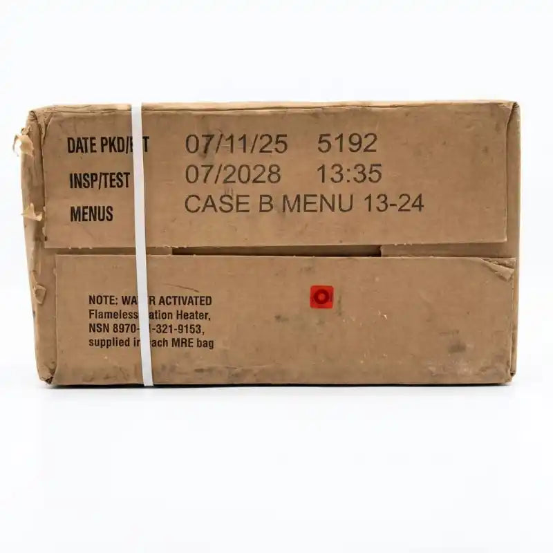 Caja MRE marrón con etiqueta CASE B MENUS 13-24 y sellos de fecha