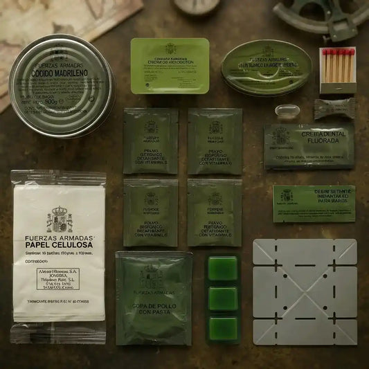 Raciones MRE de desayuno militar: paquetes verdes y blancos con componentes