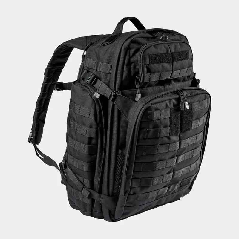 Mochila táctica negra con bolsillos acolchados y panel de correas