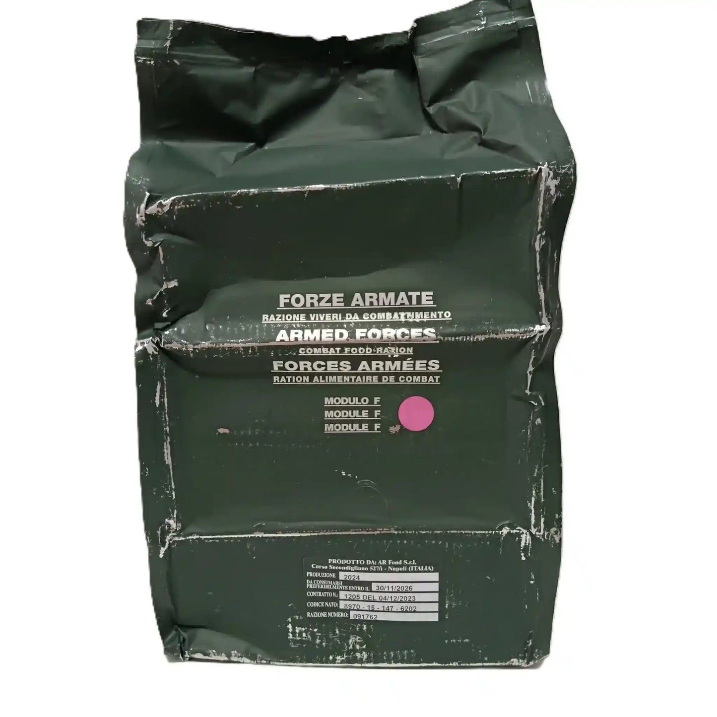 Bolsa de ración de combate FORZE ARMATE, módulo B, vista frontal con círculo magenta