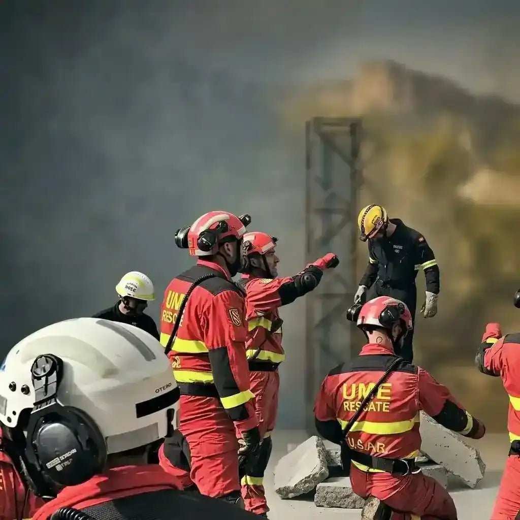 Equipo de protección UME: trajes rojos con franjas amarillas y cascos, en acción