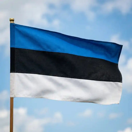 Bandera de Estonia con franjas azul, negro y blanco en asta