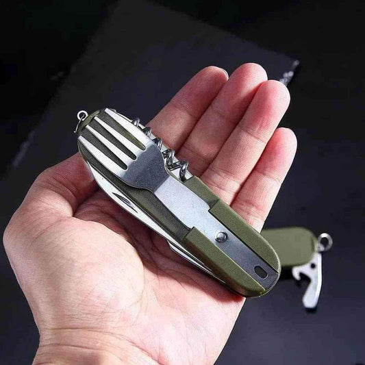 Utensilio multiuso plegable con cuchillo y tenedor, acabado verde oliva
