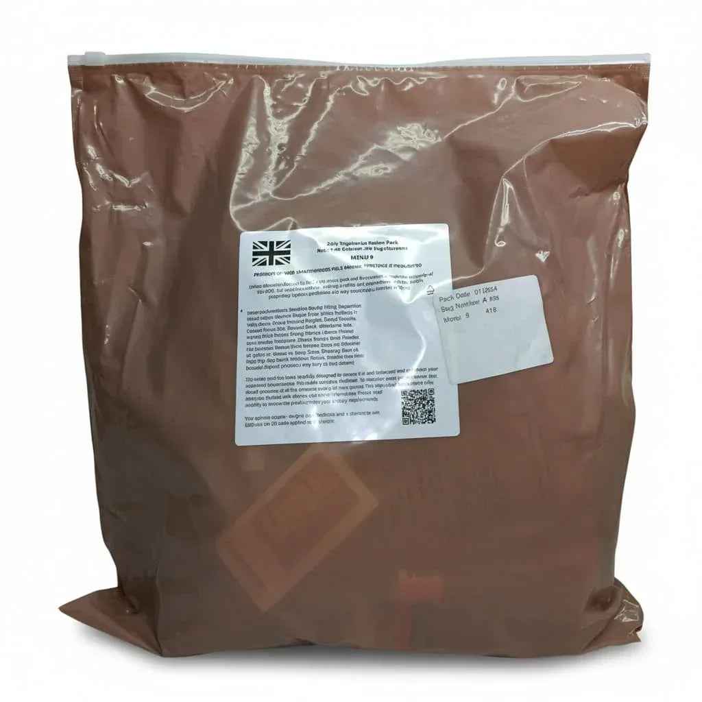 Bolsa de ración marrón con etiqueta blanca y texto de instrucciones