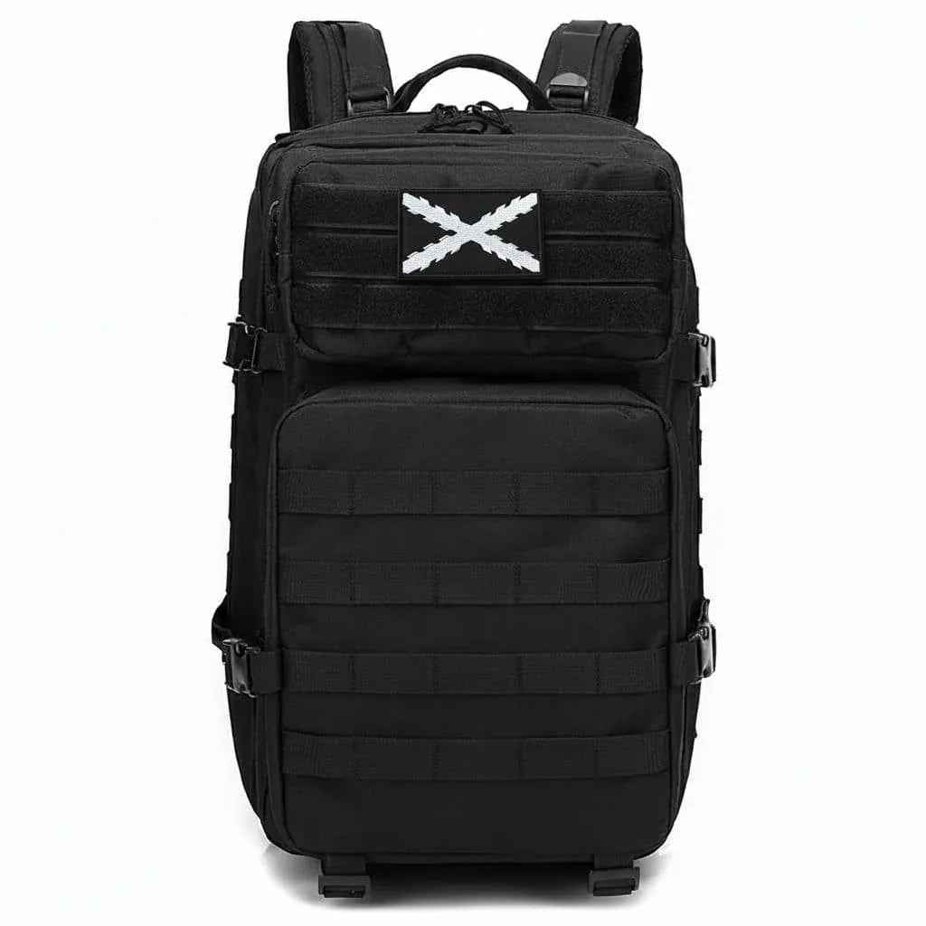 Mochila negra con parche frontal de aspa blanca bordada