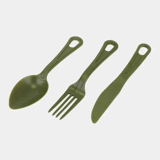 Set de cubiertos de plástico MIL-TEC verde oliva: cuchara, tenedor y cuchillo