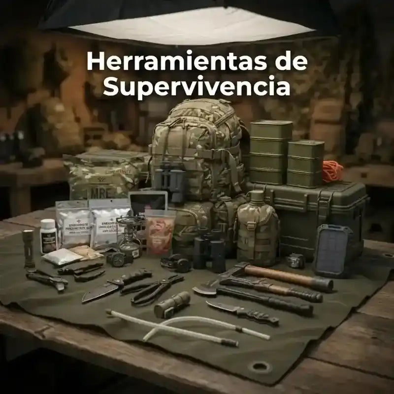 Mochila táctica militar rodeada de herramientas de supervivencia y raciones MRE.