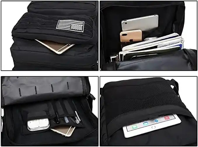 Mochila táctica militar 45L negra con compartimentos interiores, bolsillo para portátil, organizadores y sistema MOLLE