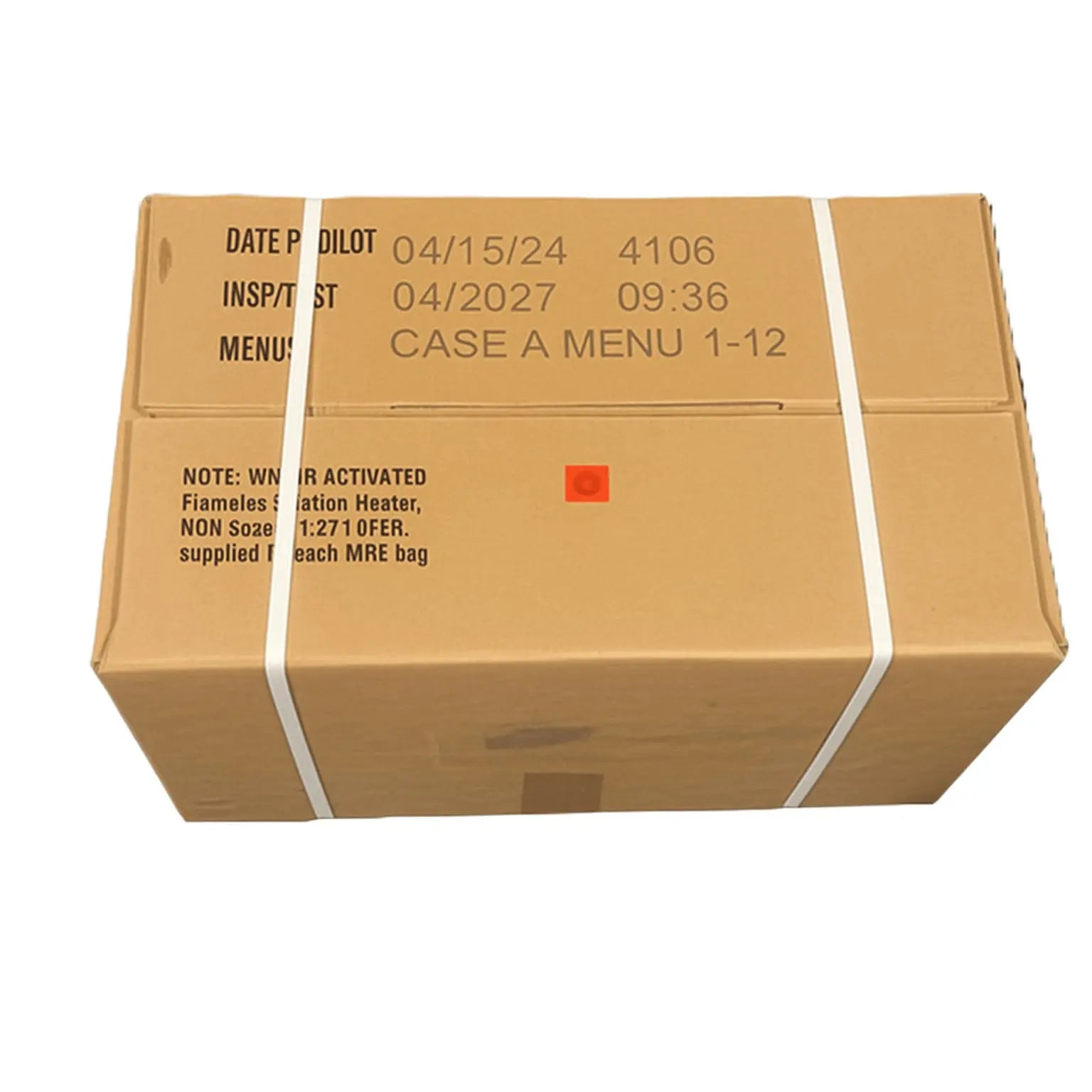 Caja de cartón MRE con cinta blanca y sellos impresos, color beige