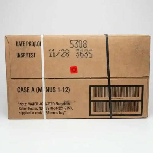 Caja de cartón MRE con cinta blanca y sellos impresos, color beige