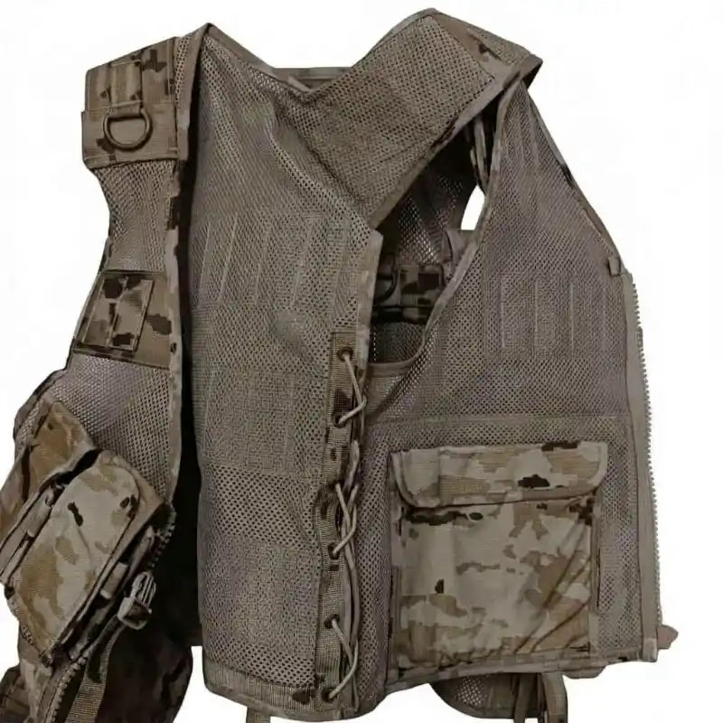 Chaleco táctico con malla, bolsillos laterales y gran bolsillo frontal camuflado