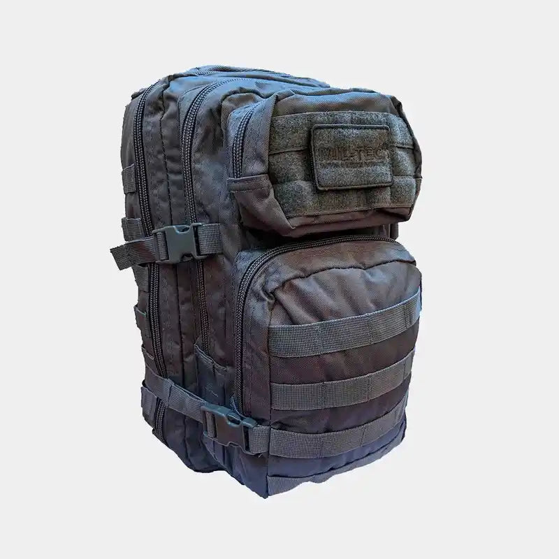Mochila táctica US Assault Mil-Tec con correas de compresión y parches de velcro en color gris