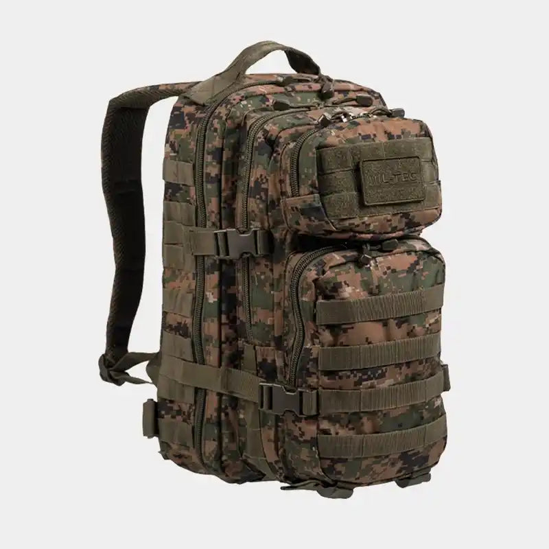 Mochila táctica US Assault Mil-Tec con múltiples compartimentos en camuflaje digital Marpat