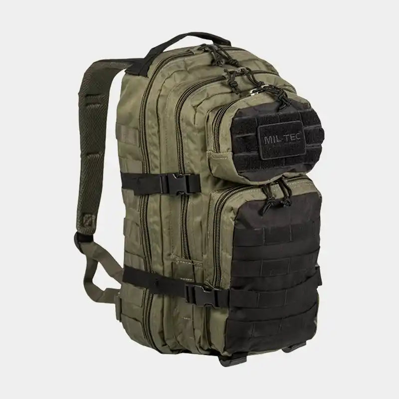 Mochila táctica US Assault Mil-Tec con parches de velcro en verde ranger y frontal negro