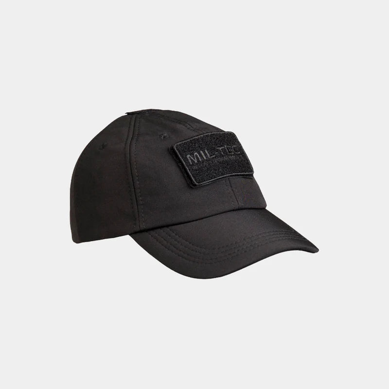Gorra militar softshell MIL-TEC negra, visera curva y parche frontal