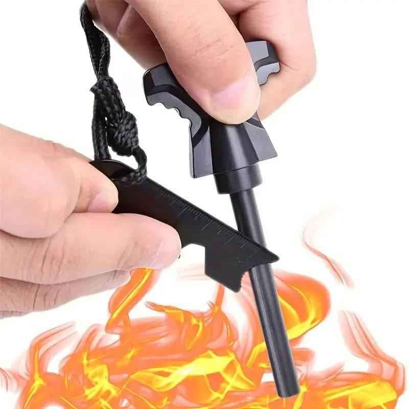 Encendedor de pedernal negro con mango y herramienta metálica, con cuerda trenzada