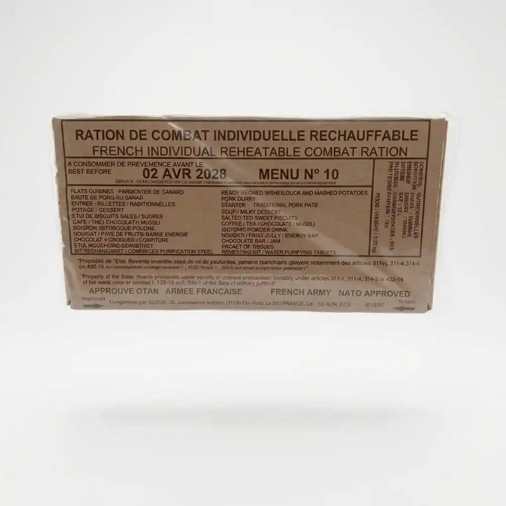 Caja de ración militar francesa RCIR 24h, menú 10