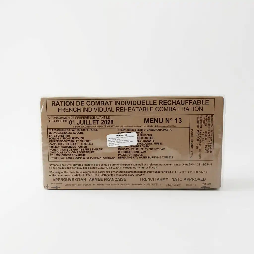Ración militar francesa RCIR 24 h, caja de cartón Menu 13