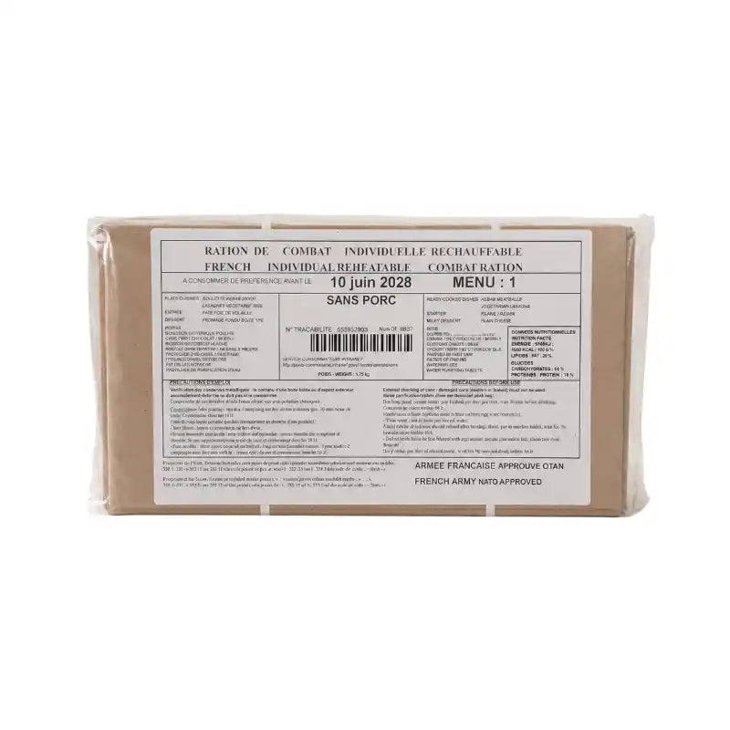 Ración militar individual recalentable en caja marrón, etiqueta “MENU 1”