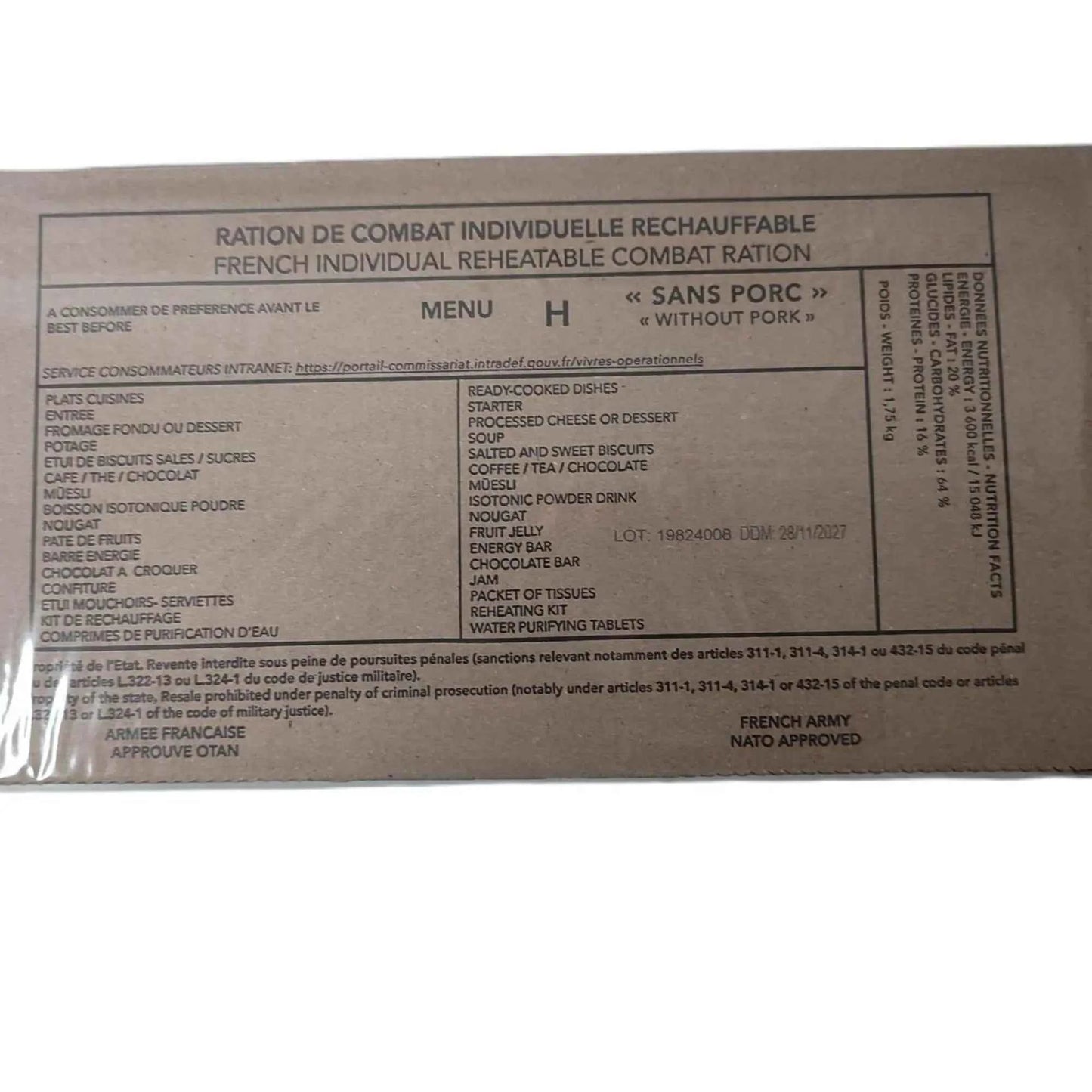Ración militar francesa, caja marrón con etiqueta Menú H, sin cerdo (without pork).
