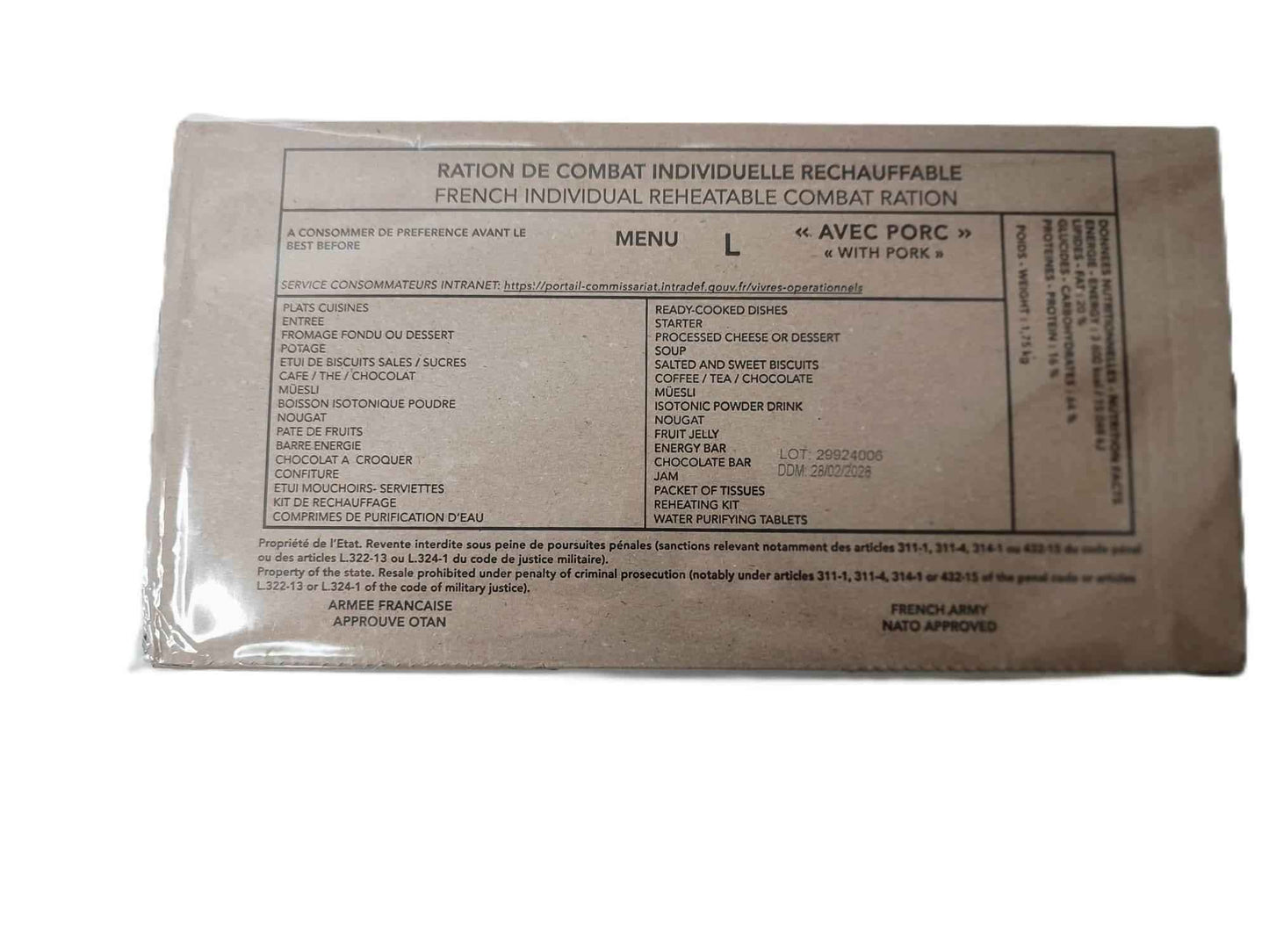 Ración militar recalentable en caja, etiqueta Menu L, con cerdo