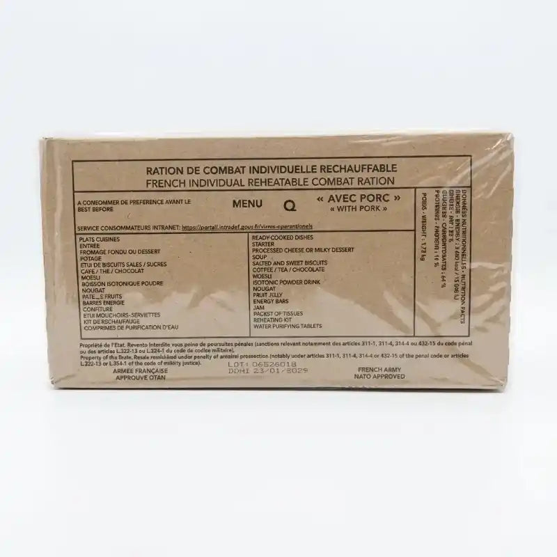 Caja de ración militar con etiqueta MENU H, con cerdo