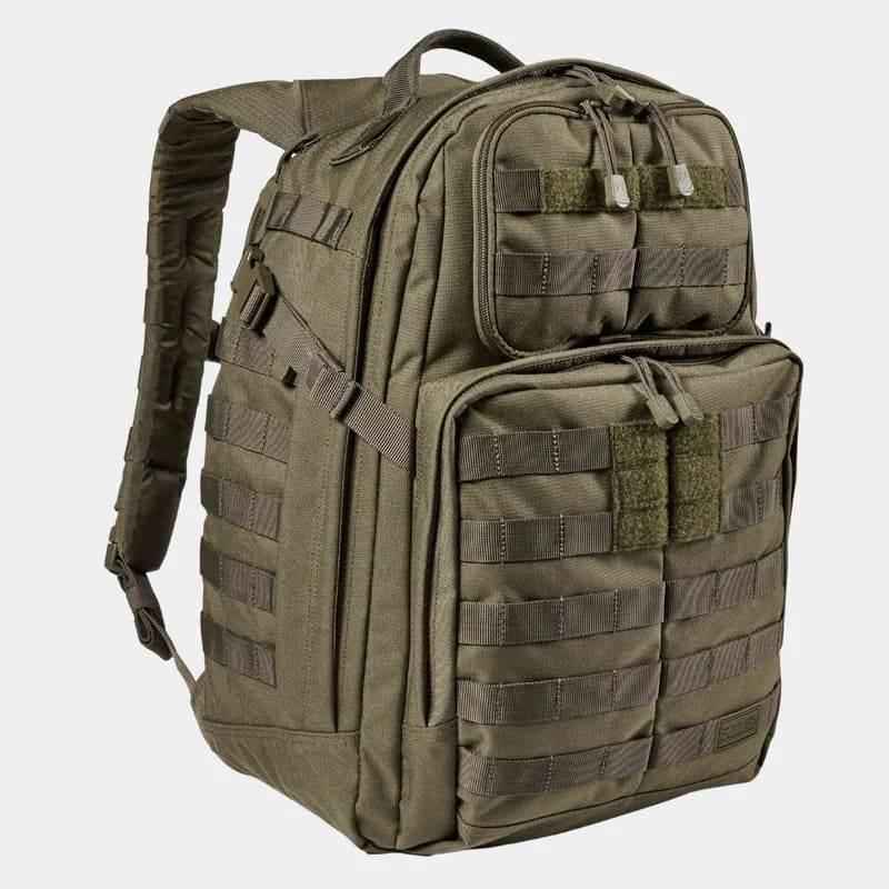 Mochila táctica verde caqui con panel frontal tipo molle y bolsillos con cremallera