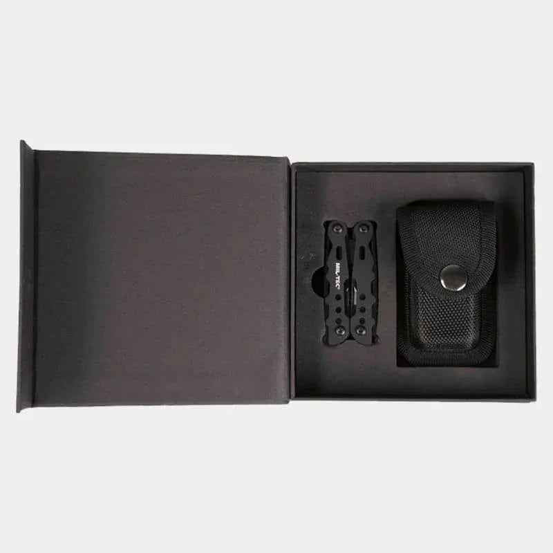 Funda negra abierta con compartimento para multiherramienta y accesorio