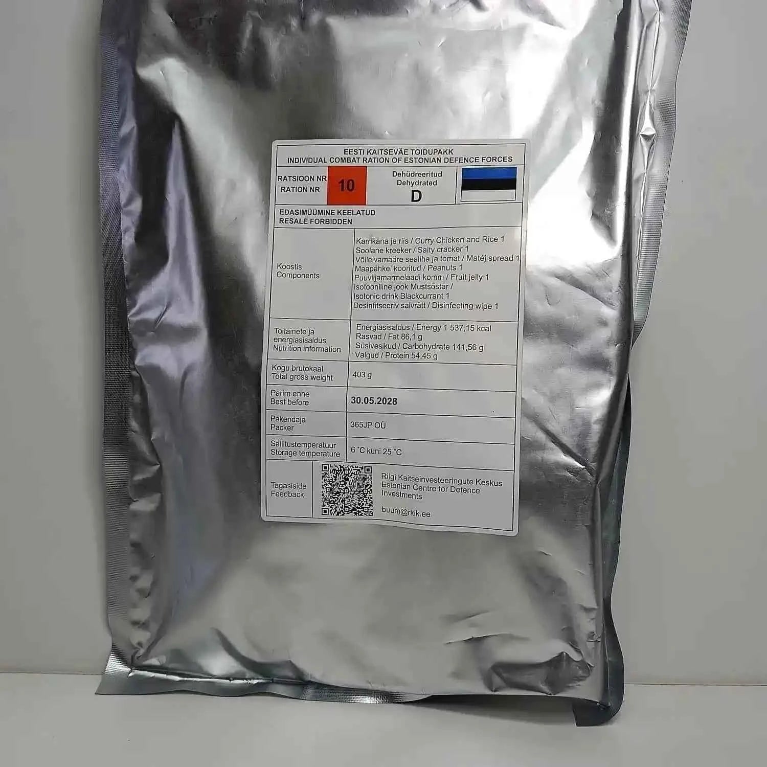 Bolsa de ración de combate individual plateada con etiqueta y opción 11
