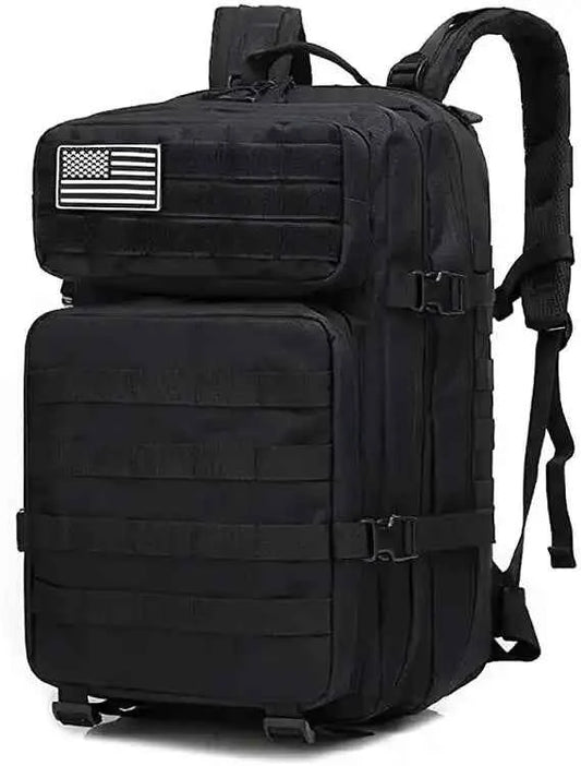 Mochila táctica negra con compartimentos acolchados y correa de ajuste