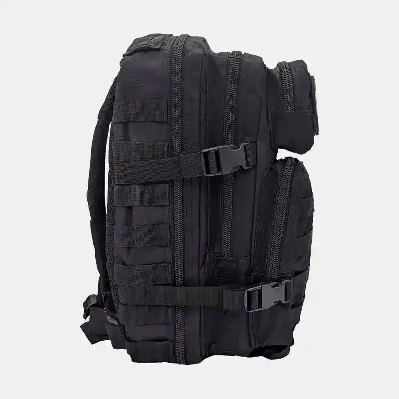 Mochila táctica US Assault Small 20L Mil-Tec vista lateral con cintas de compresión y MOLLE en negro