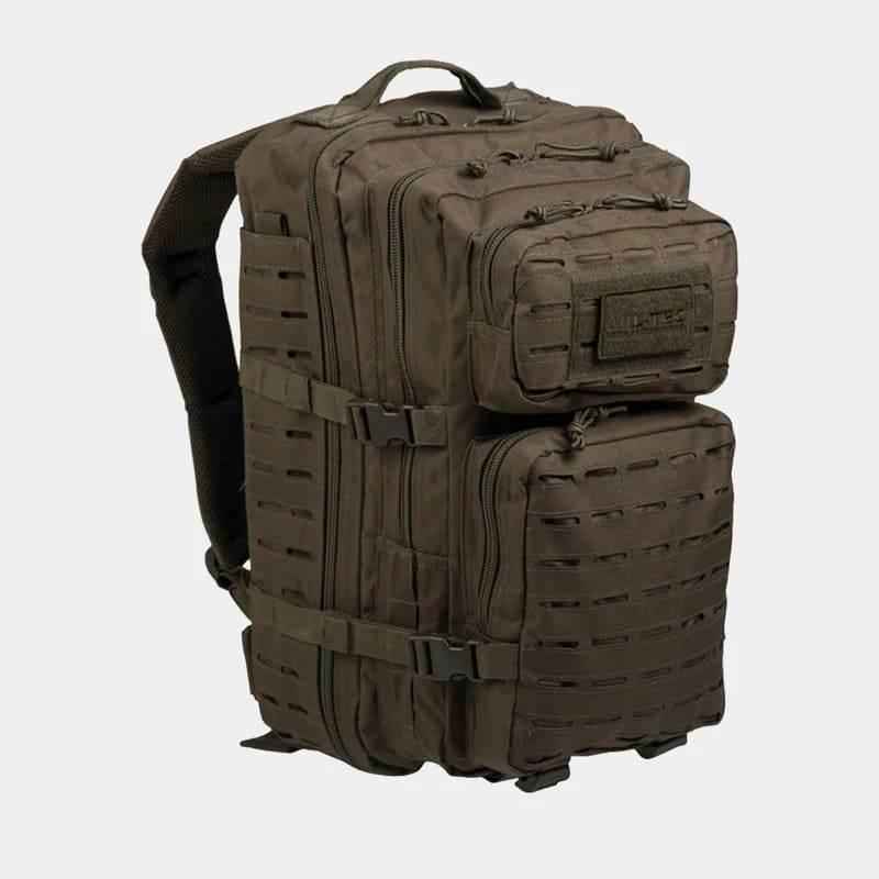 Mochila táctica verde oliva con panel MOLLE frontal y dos bolsillos con cremallera