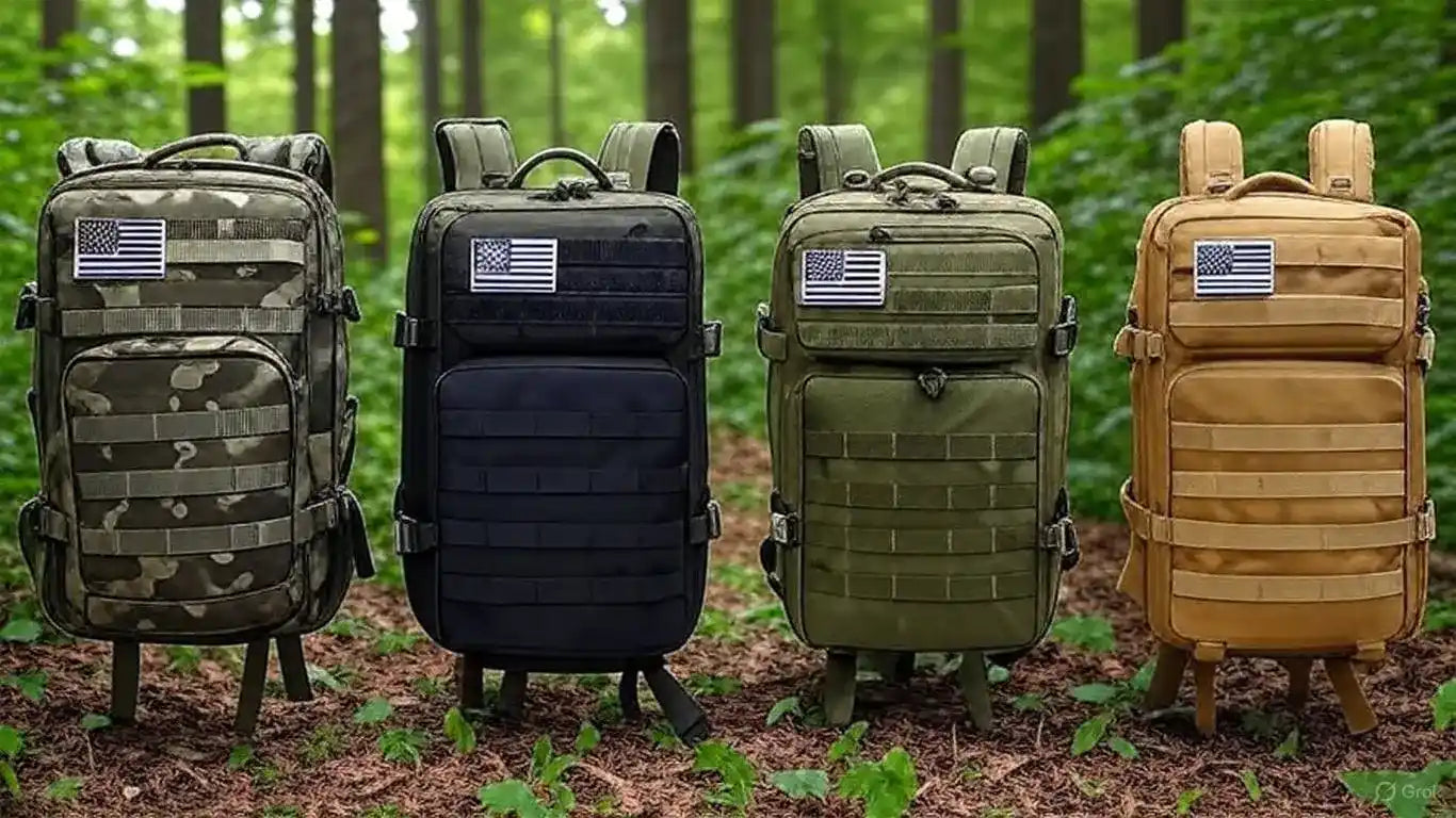 Mochilas tácticas militares 45L disponibles en negro, verde, coyote y camuflaje.