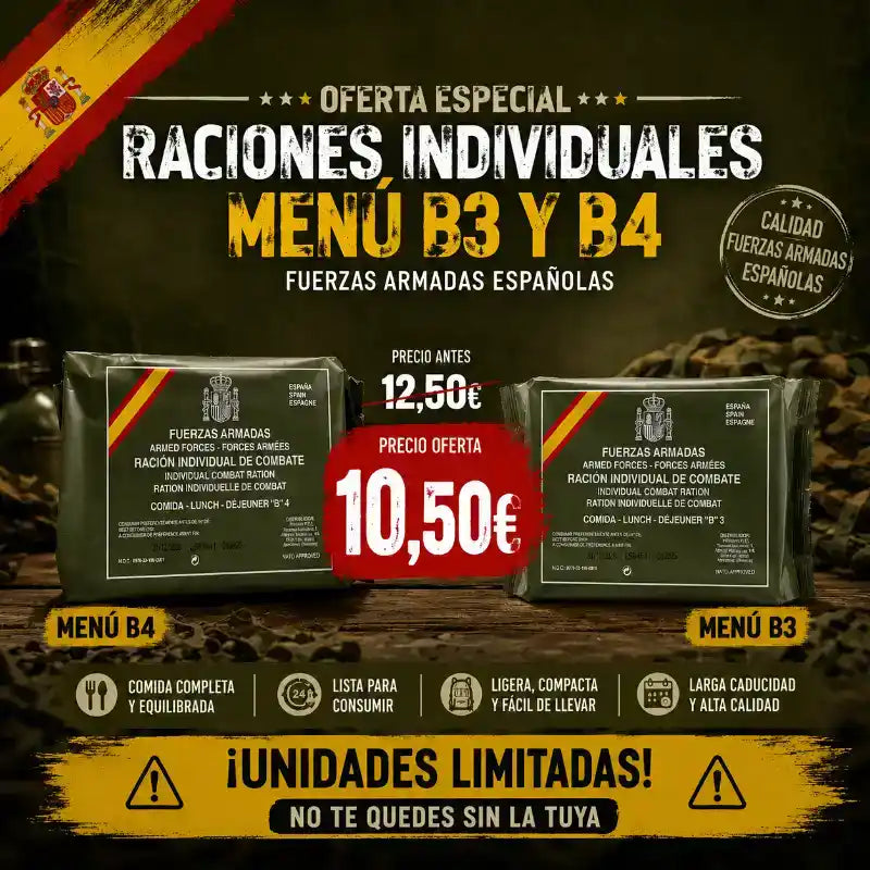 Oferta de raciones individuales de combate Menú B3 y B4 de las Fuerzas Armadas Españolas en paquete verde táctico.