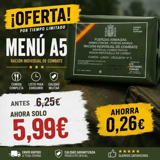 Menú A5: ración de combate en bolsa rectangular con texto y sellos militares