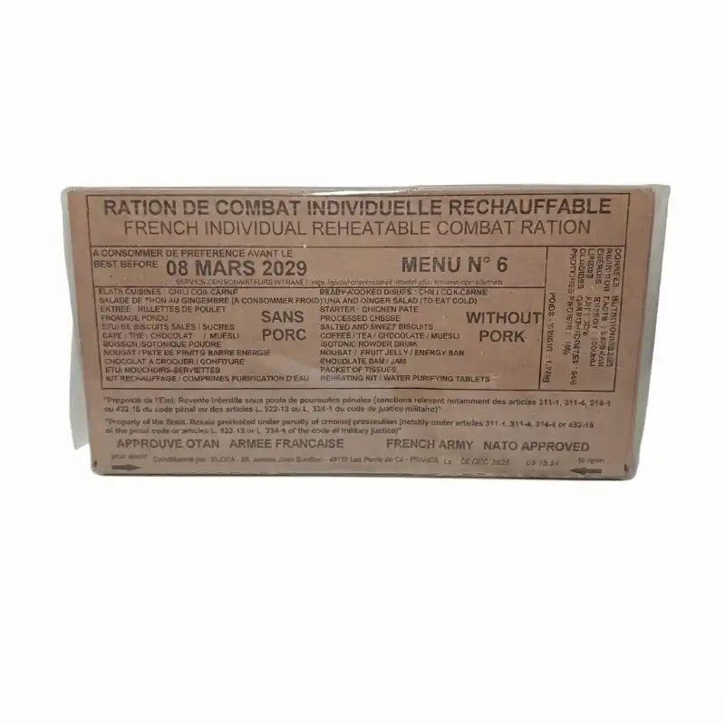 Ración militar francesa RCIR 24h en caja rectangular de cartón marrón