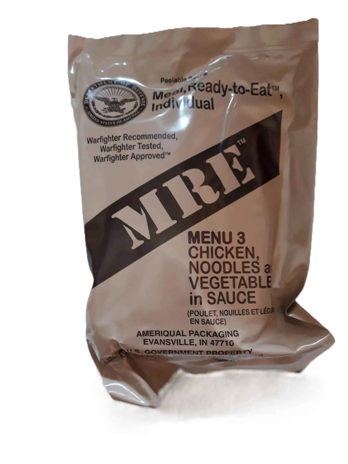Sobre MRE marrón Menú 3 Chicken Noodles en salsa, listo para comer
