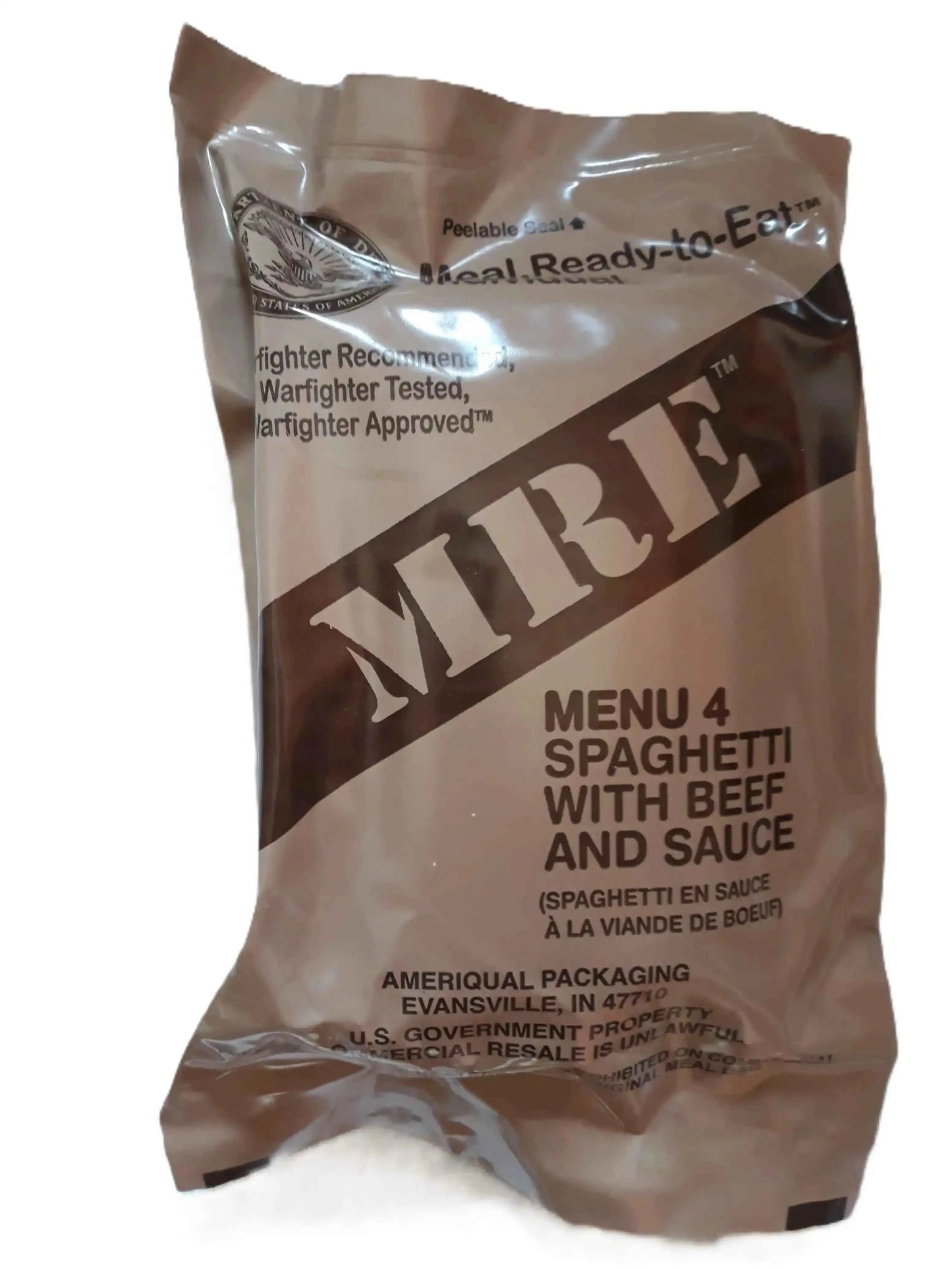 Sobre MRE marrón Menú 4 Espagueti con carne y salsa, listo para comer