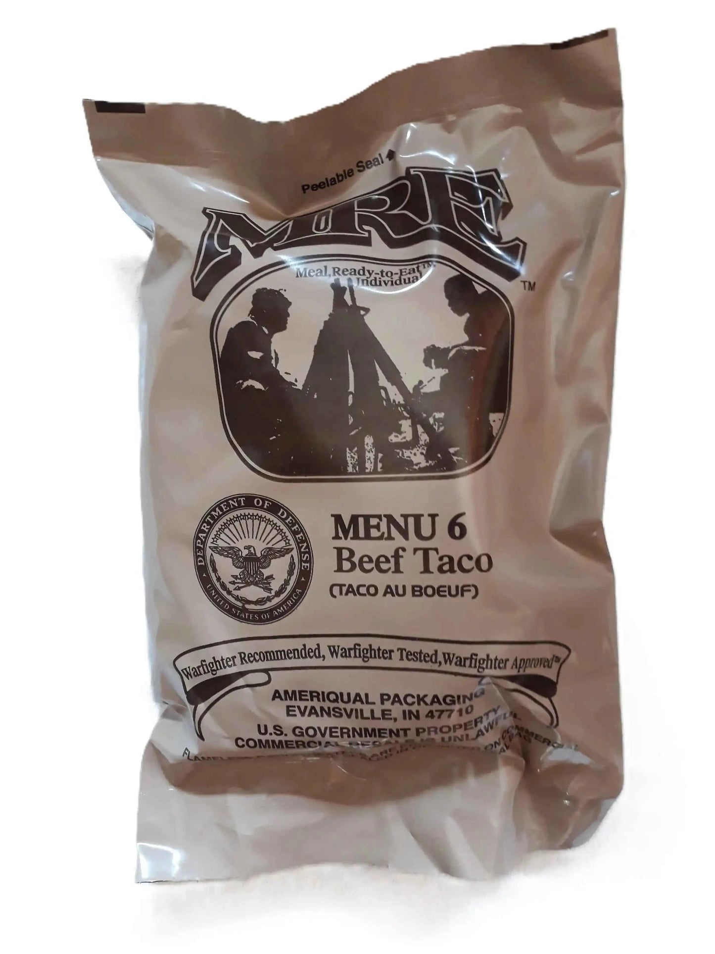 Sobre MRE marrón Menú 6 Beef Taco, listo para comer