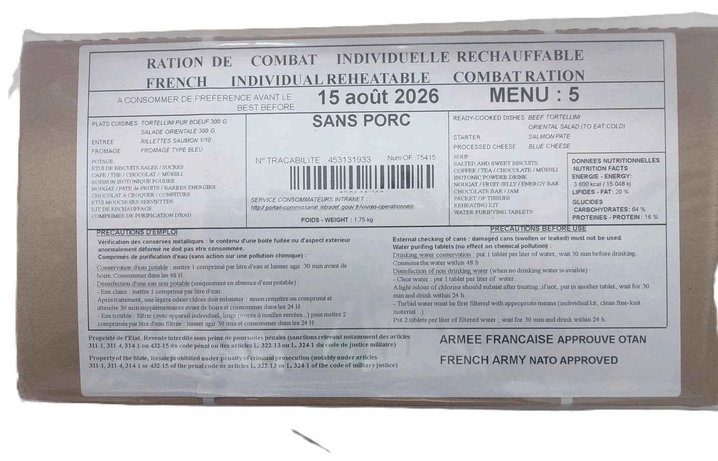 Ración militar francesa, caja marrón con etiqueta Menú N.º 5 y 15 ago 2026, sin cerdo.