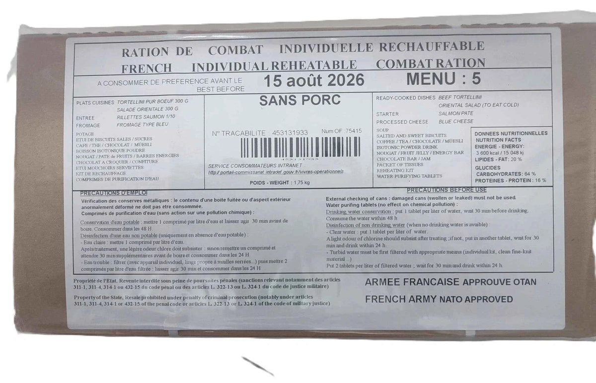 Ración militar francesa, caja marrón con etiqueta Menú N.º 5 y 15 ago 2026, sin cerdo.