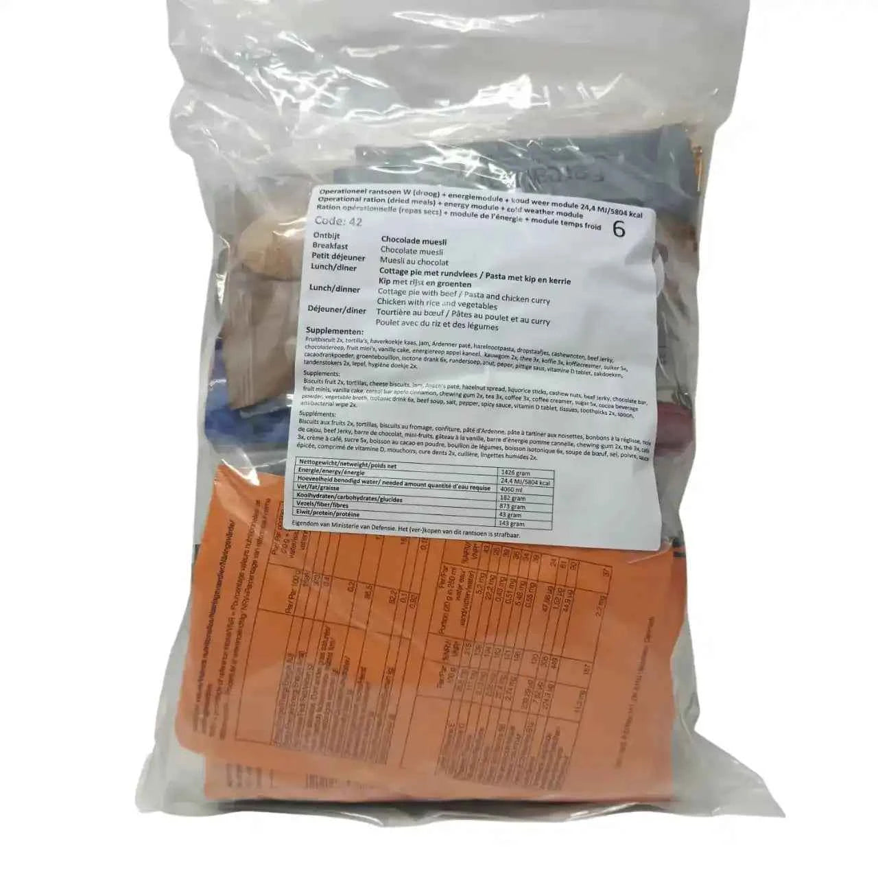 Ración Operacional Holandesa ORP 2024 en bolsa sellada con etiqueta Code 6 visible