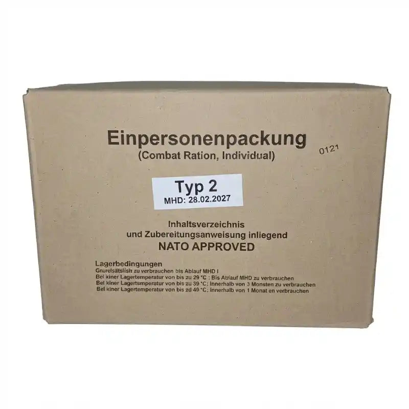 Caja de ración militar alemana Einpersonenpackung Tipo 2 aprobada por la OTAN caducando en febrero de 2027
