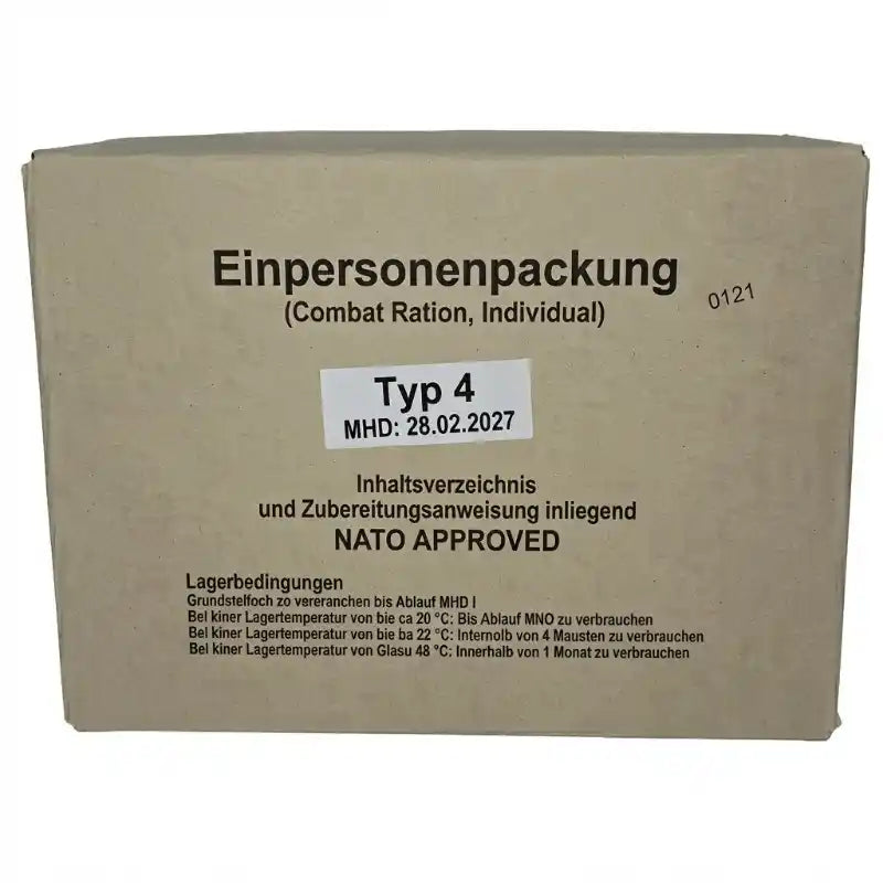 Pack de comida militar alemana Einpersonenpackung Tipo 4 con fecha de consumo preferente en 2027