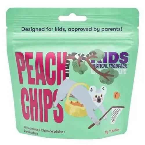 Bolsa infantil de chips de melocotón liofilizado vegana, empaque verde