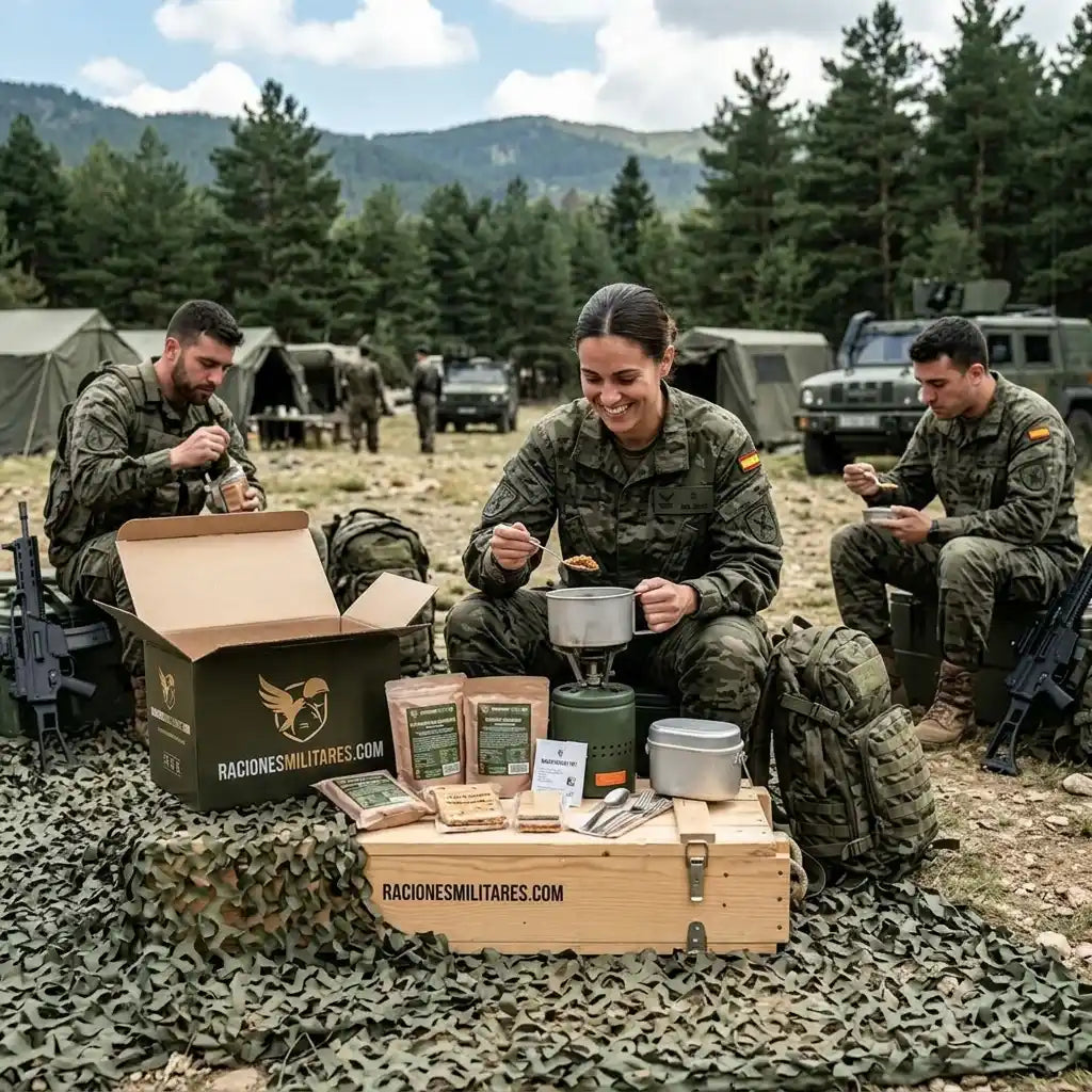 Raciones militares de RacionesMilitares.com consumidas por soldados en campamento militar de instrucción