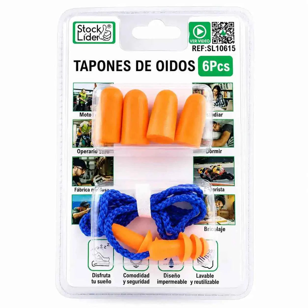 Pack de Tapones para Oídos Mixto Stock Líder (6 Piezas - Espuma y Silicona con Cordón)