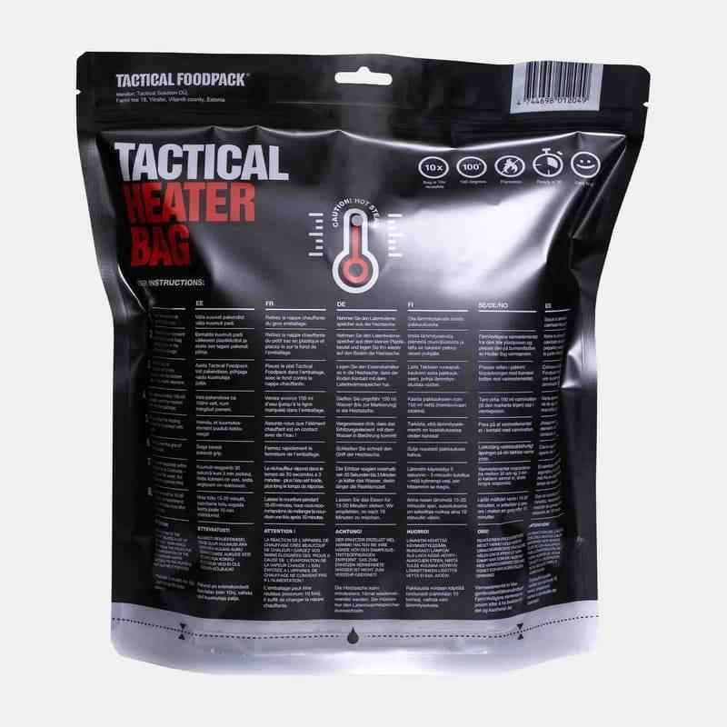 Bolsa calentadora con activador Tactical Foodpack, empaque negro con termómetro y texto.