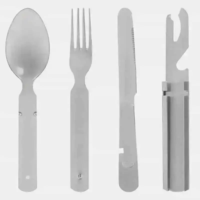 Set de cubiertos de campaña con cuchara, tenedor, cuchillo y estuche