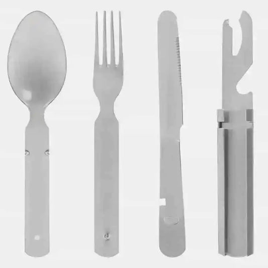 Set de cubiertos de campaña con cuchara, tenedor, cuchillo y estuche
